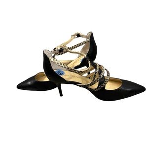 Ivanka Trump Black Pointed-Toe Leather Strappy Heels Snake Print Size 6.5